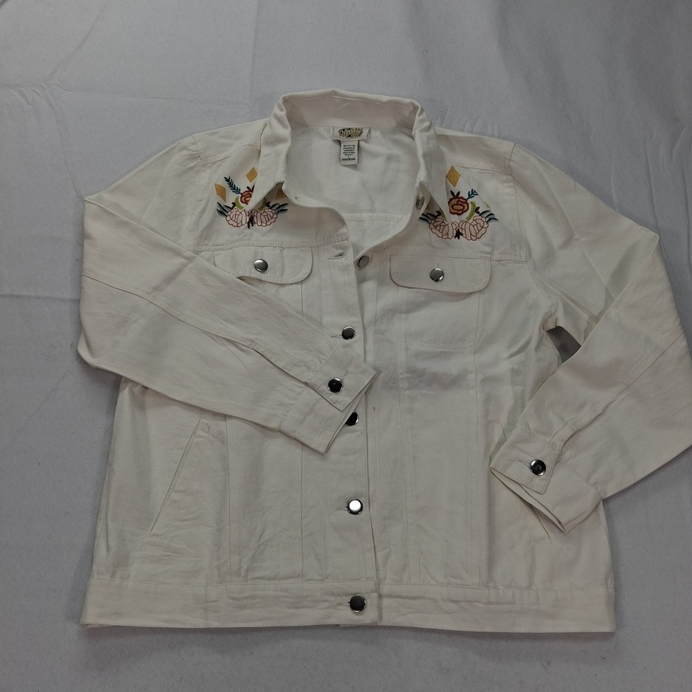 Collections Etc Jacket Womens Large Trucker White Embroidered Floral Cotton EUC
